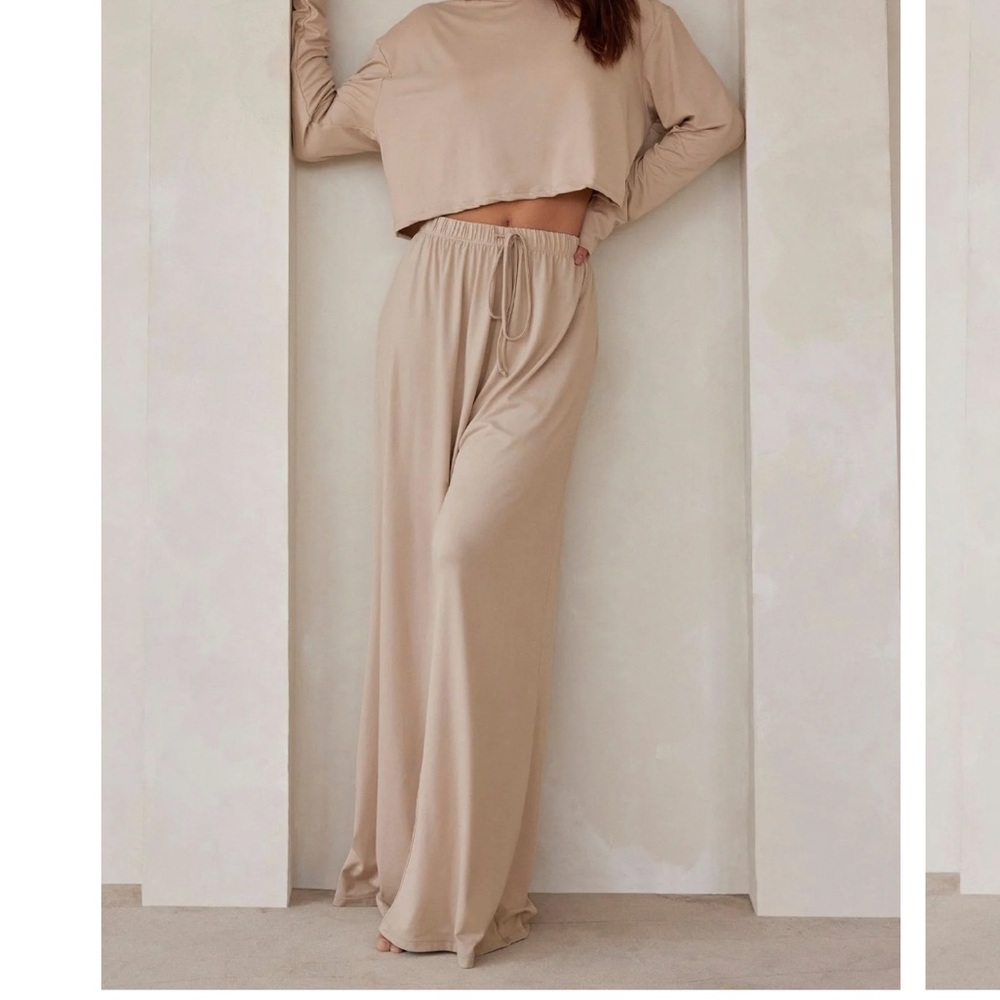 Wide Leg Drawstring Pants - Beige
